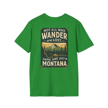 Montana Adventure Tee with wilderness graphic on green shirt; designed for nature lovers.