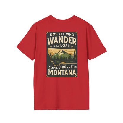 Red Montana Adventure Tee with wilderness graphic and text "Not all who wander are lost... Some are just in Montana," ideal for nature enthusiasts.