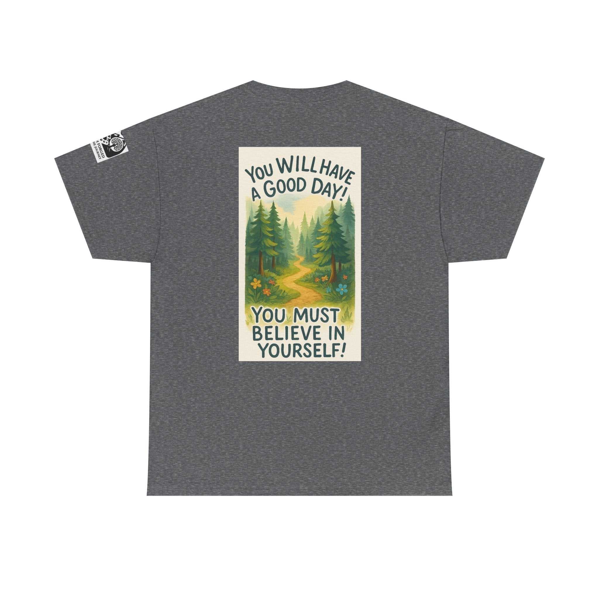 Soft gray "Get Lost in Montana Tee" with inspirational forest graphic on the back, made from eco-conscious US cotton.