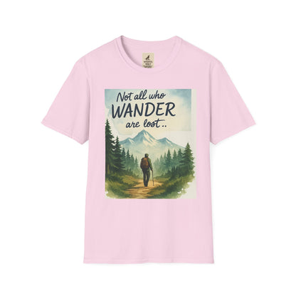 Montana-Inspired Adventure Tee showcasing a scenic mountain graphic and the phrase "Not all who wander are lost".