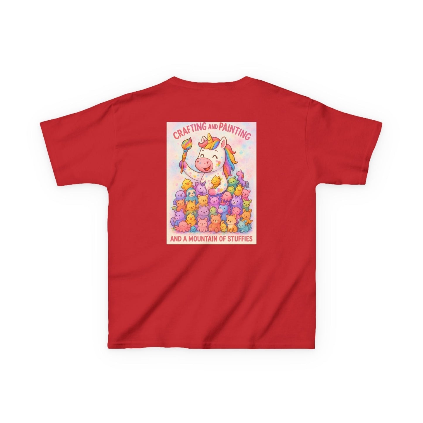 Adorable Kids Animal T-Shirt featuring a colorful unicorn and stuffed animals, perfect for playful and imaginative fun.