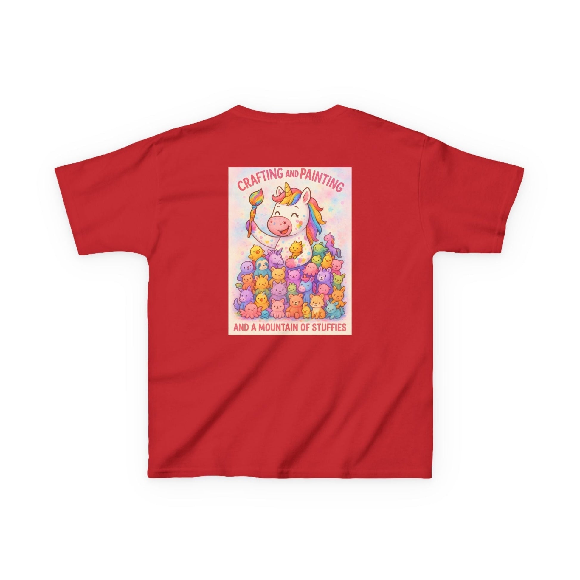 Adorable Kids Animal T-Shirt featuring a colorful unicorn and stuffed animals, perfect for playful and imaginative fun.