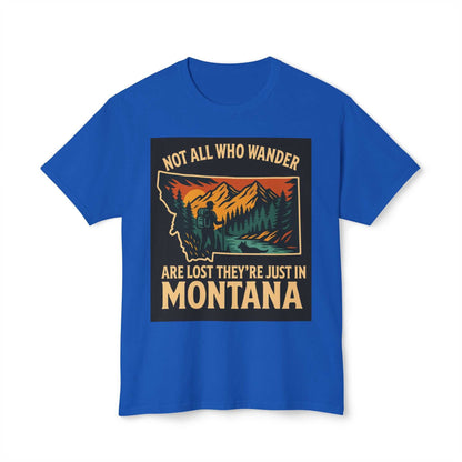 Blue Montana Adventure Tee with nature-inspired design, featuring a mountainous landscape promoting free spirit exploration.