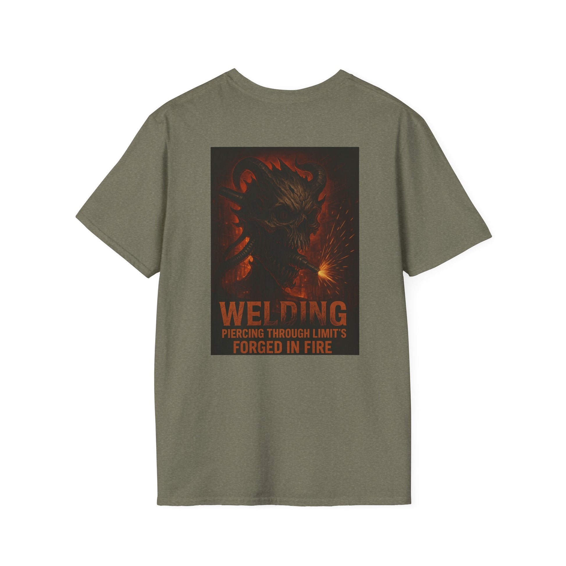 Welding Gift T-Shirt with "Forged in Fire" graphic for metalworkers and welders.