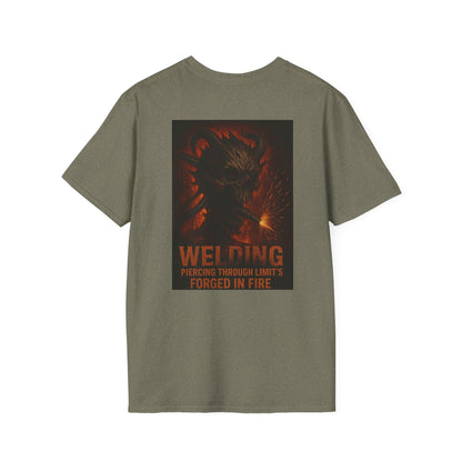 Welding Gift T-Shirt with "Forged in Fire" graphic for metalworkers and welders.