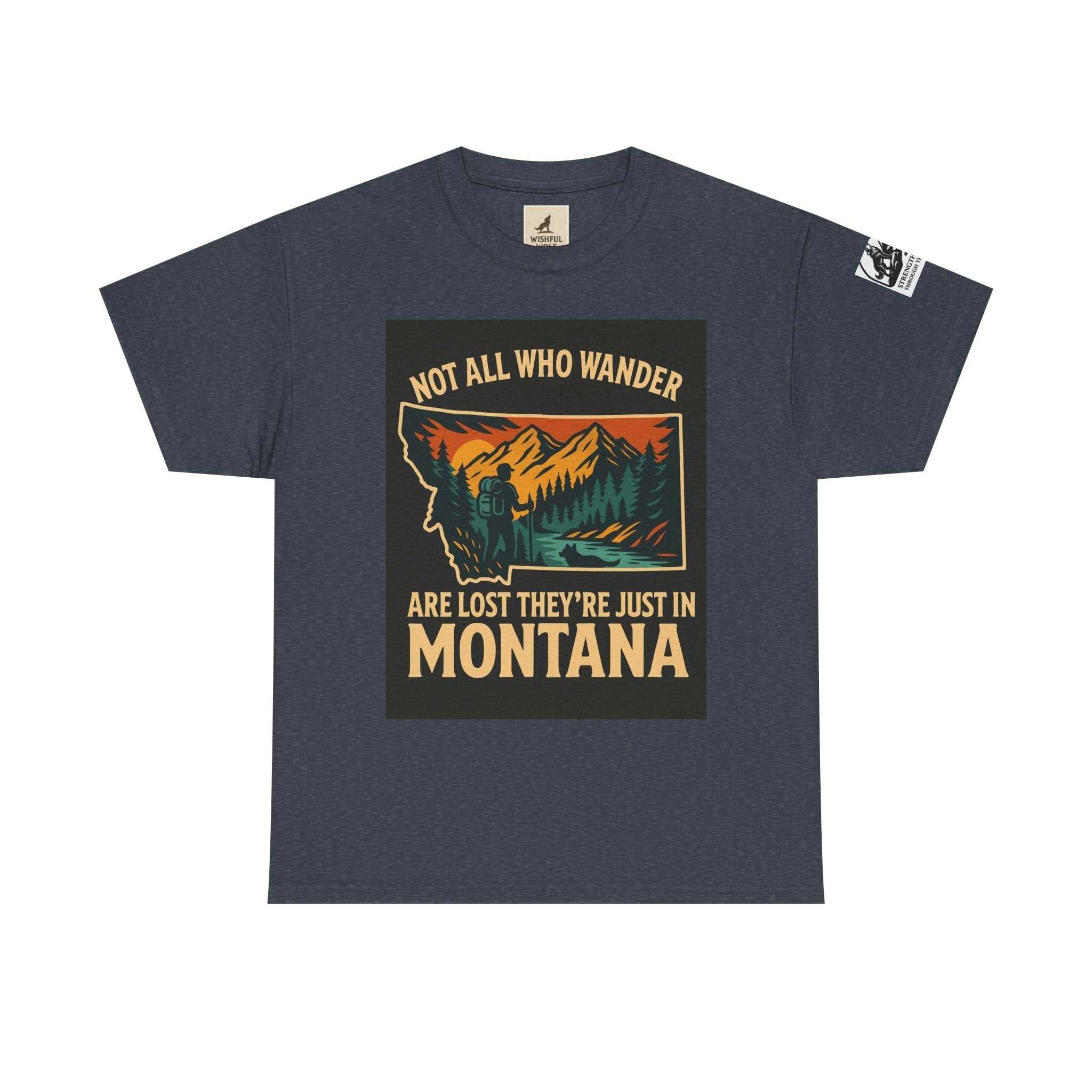Get Lost in Montana Tee featuring vibrant nature print and adventure quote, ideal for outdoor enthusiasts.